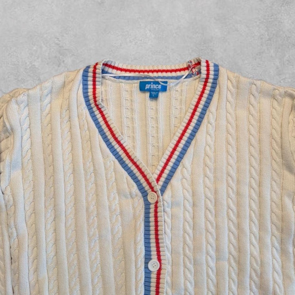 Prince Vintage Tennis Pickleball Cardigan Sweater Cream Cable Knit Women Large